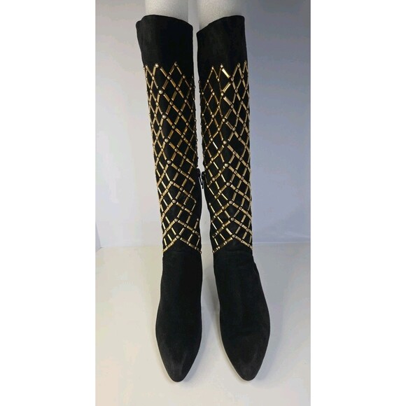Stuart Weitzman New York Black Suede Knee High Boots-Gold Crosshatch Design Sz 7 - Picture 7 of 13